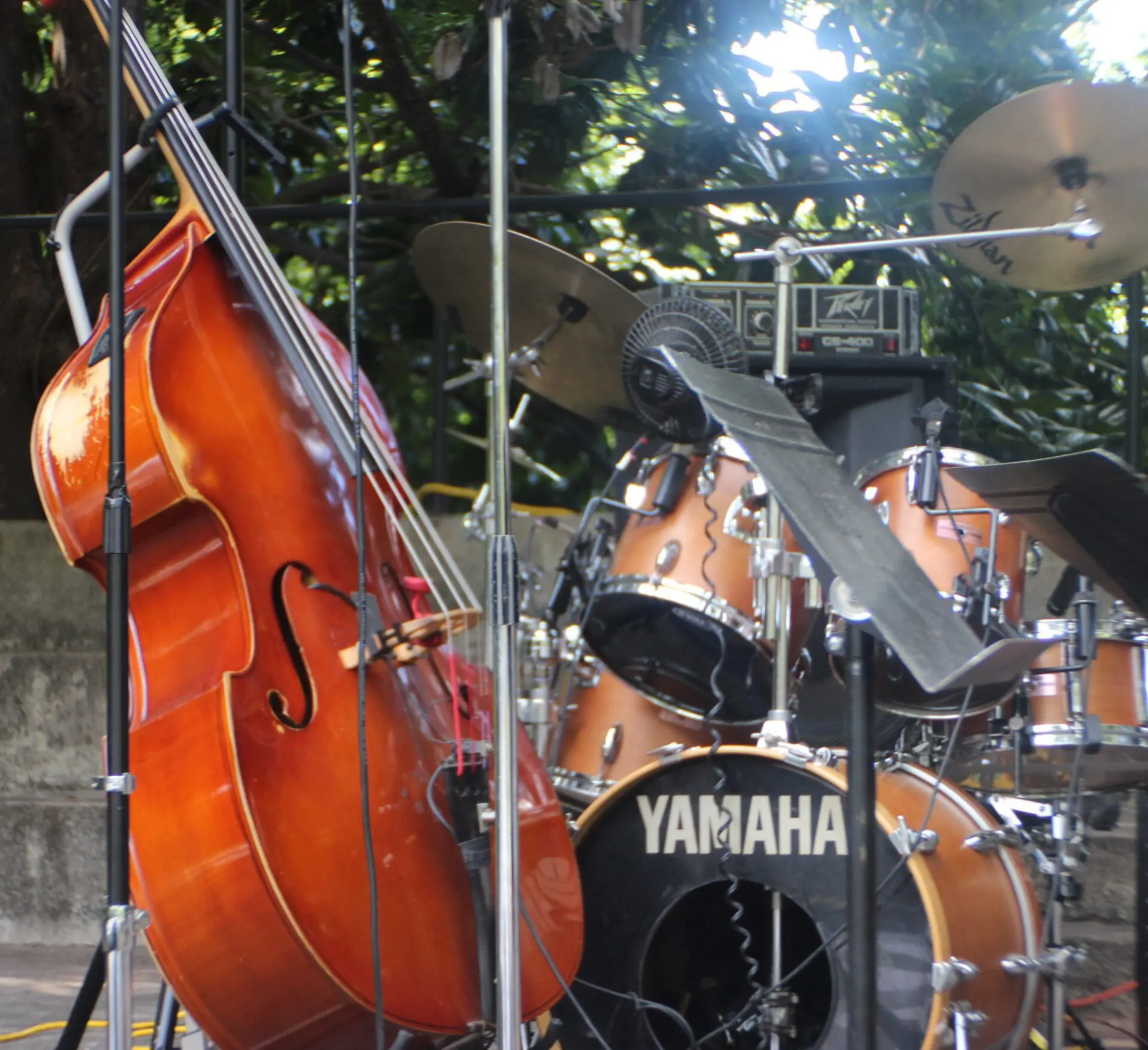 A group of instruments sitting on top of a stage.