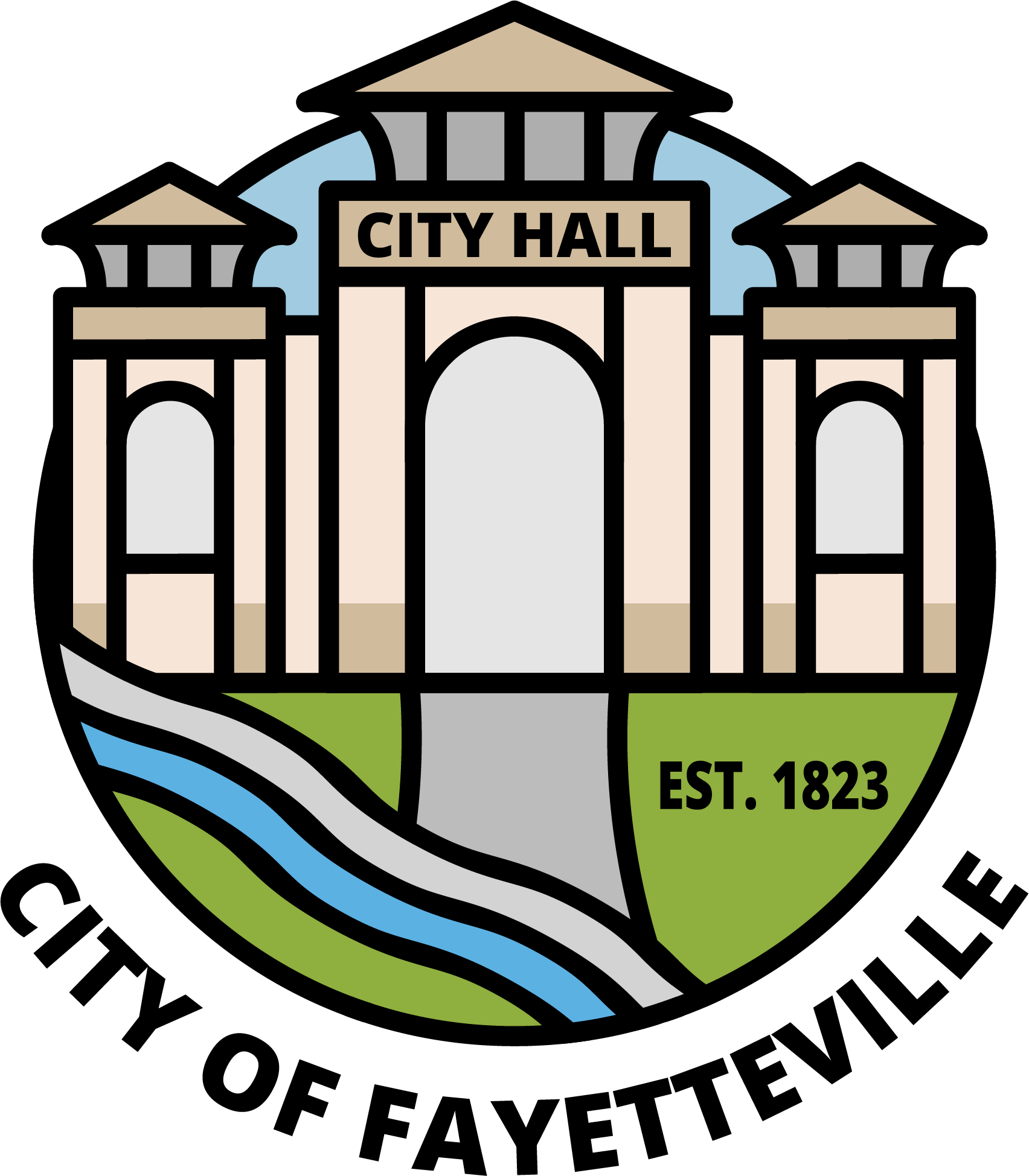 A city hall logo with the name of the building in black letters.