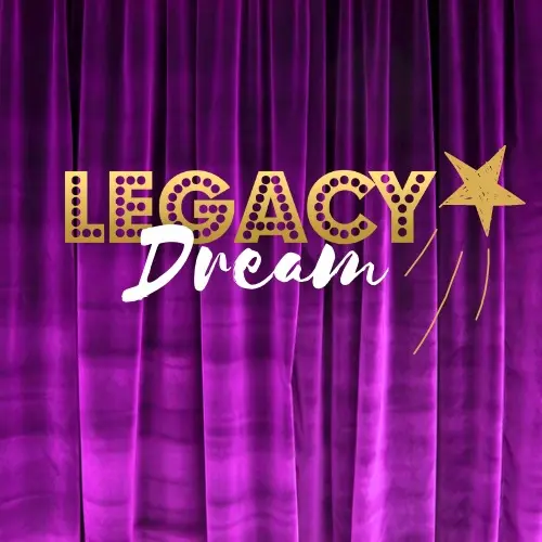 A purple curtain with the words legacy dream written in it.
