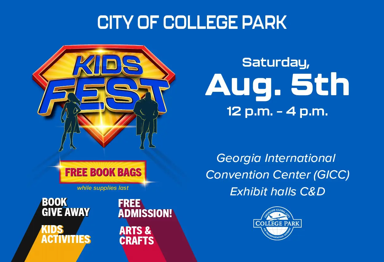 A blue and white poster with the words " kids fest ".