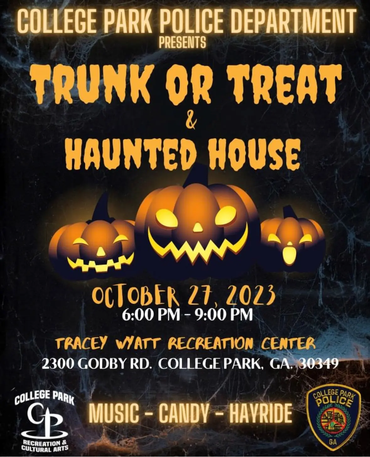 A poster for the trunk or treat and haunted house.