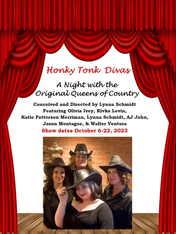 A poster for honky tonk divas, with the words honky tonk divas and an image of three women in front of a stage