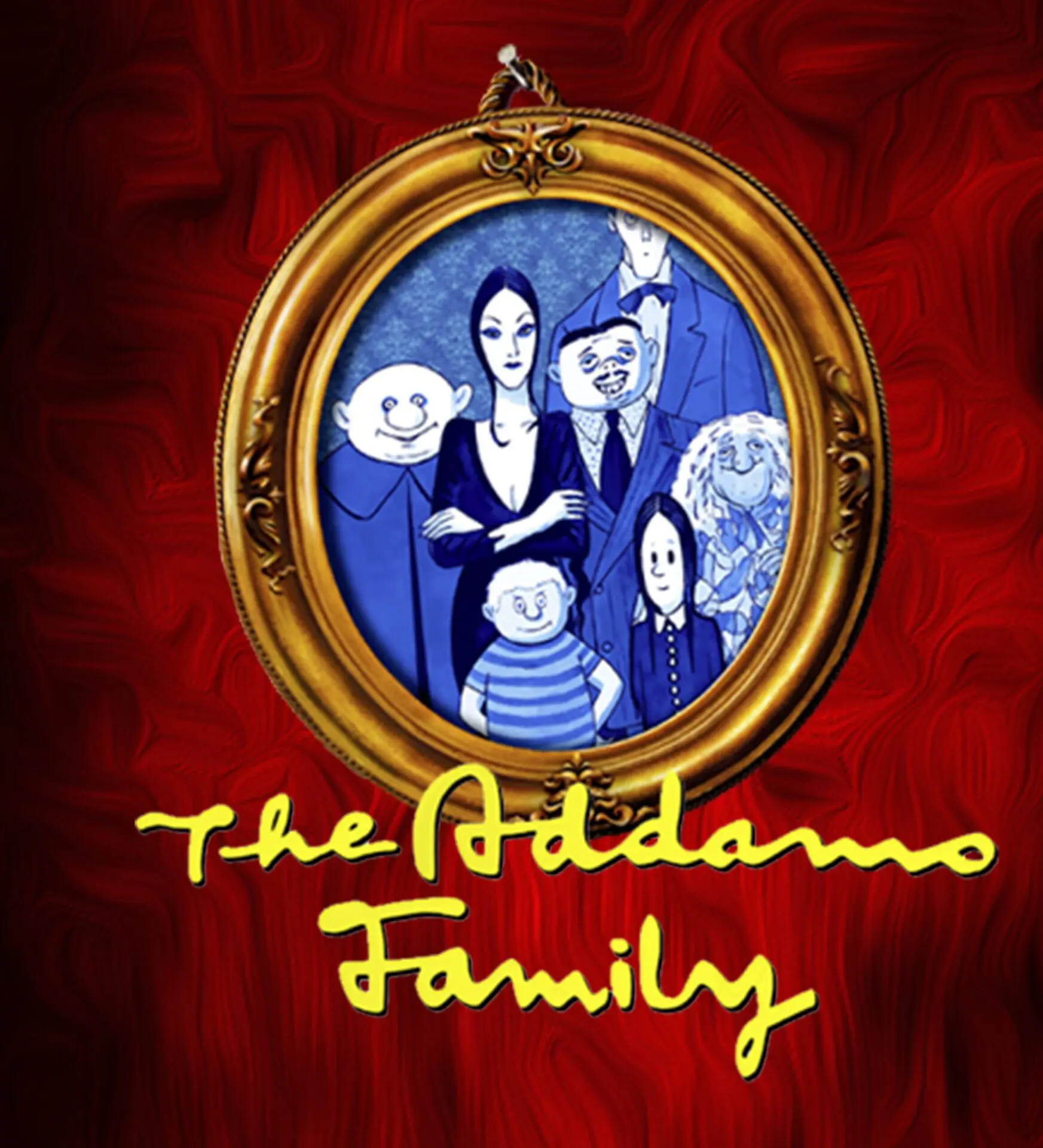 A painting of the addams family in a frame.