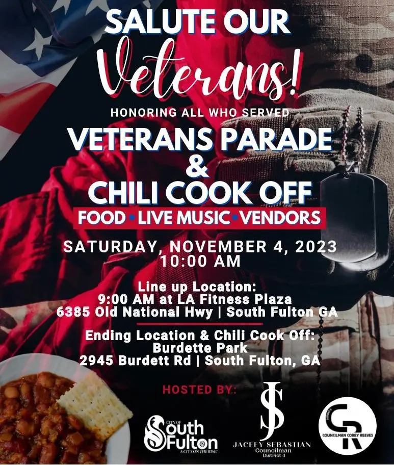 A poster for the veterans parade and chili cook off.
