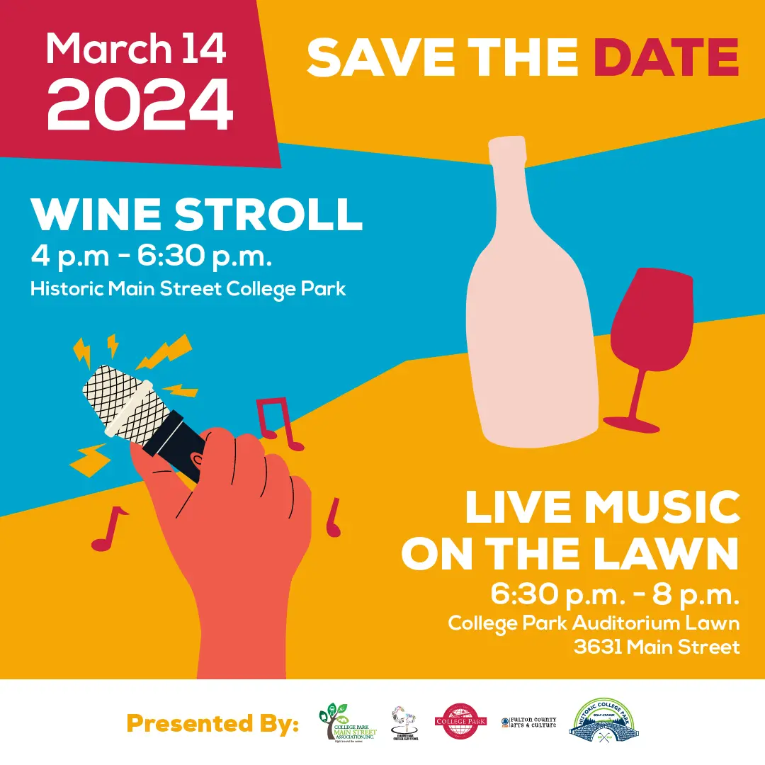A poster with a wine stroll and live music on the lawn.