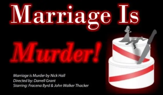 A red banner with the words " marriage is murder !" in front of a cake.