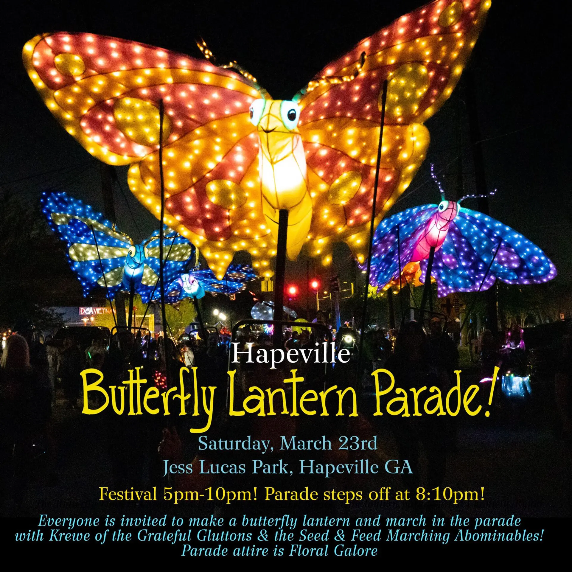 A poster of the butterfly parade with lights.