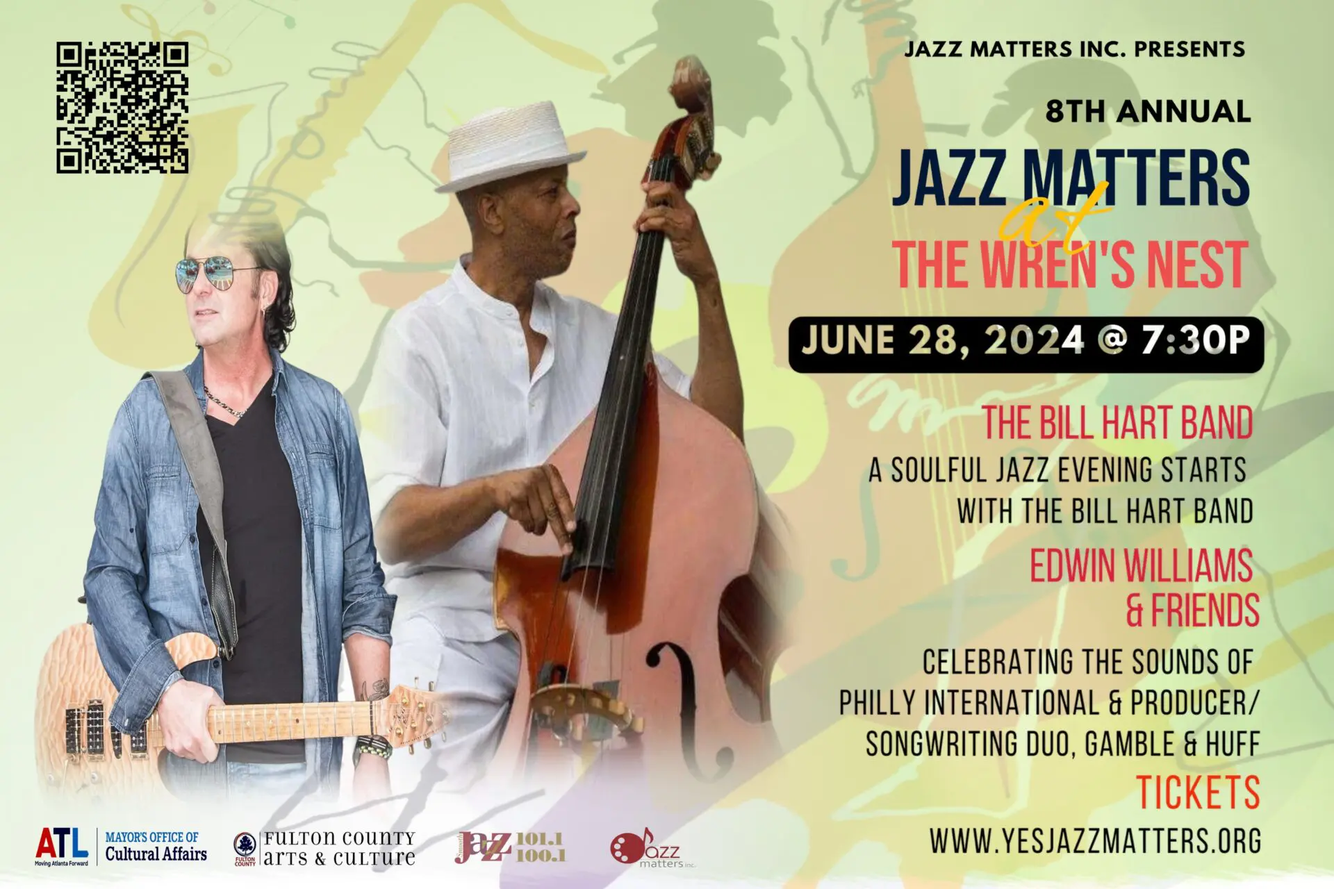 A poster of the jazz matters event with three people playing musical instruments.