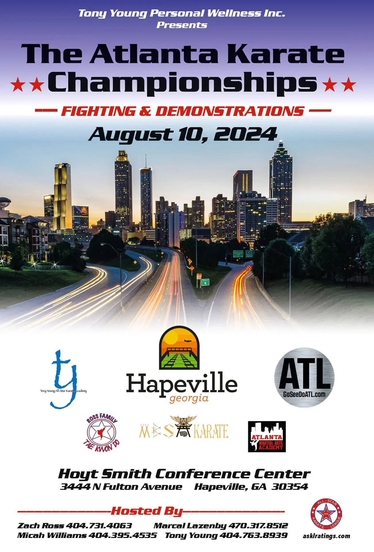 A poster with the words " championships fighting & demonstrations august 1 0, 2 0 2 4 ".