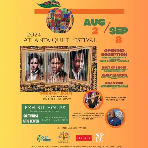 A poster of the atlanta quilt festival with photos and text.