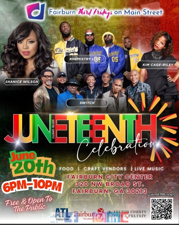 Juneteenth celebration poster with musical performers.