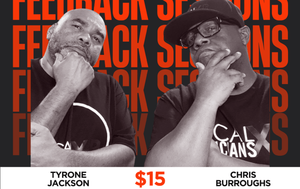 Two men posing thoughtfully, promotional poster.