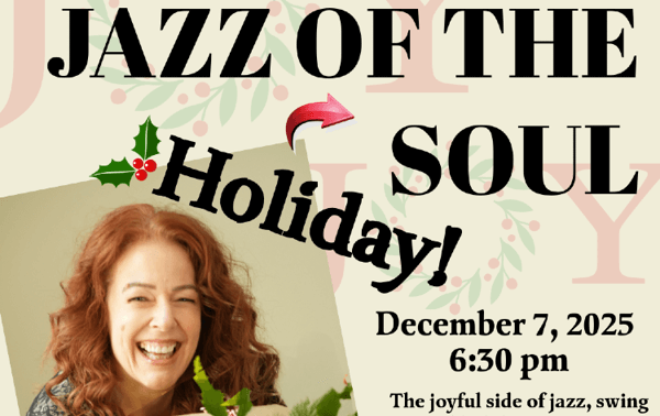 Holiday jazz event poster with smiling woman.