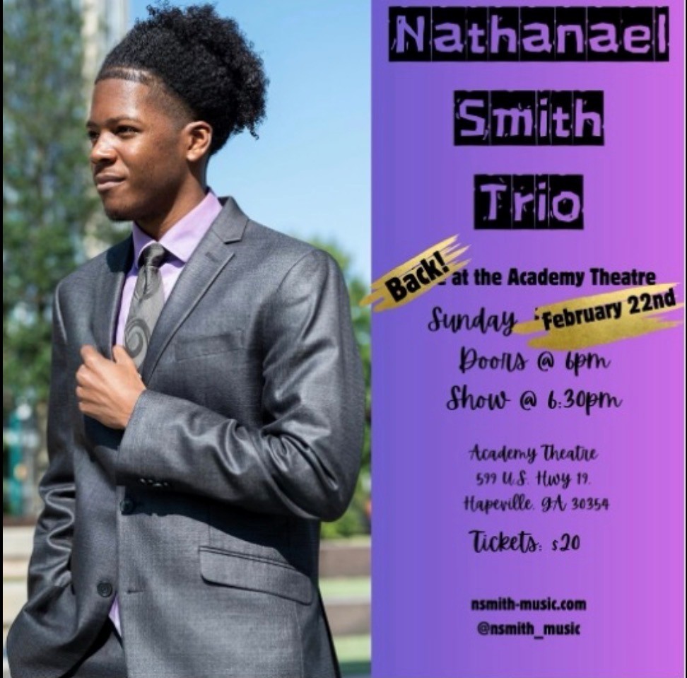 Man in suit, concert event details displayed.